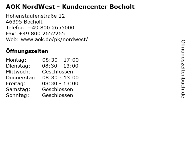 AOK NordWest - Kundencenter Bocholt in Bocholt: Adresse und Öffnungszeiten