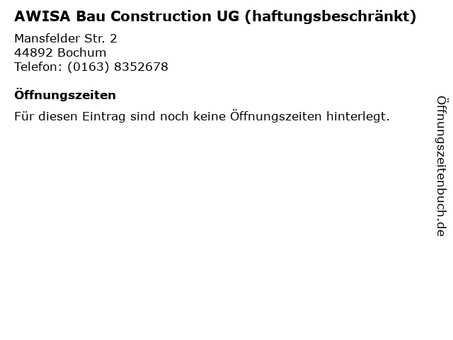 AWISA Bau Construction UG (haftungsbeschränkt) in Bochum: Adresse und Öffnungszeiten
