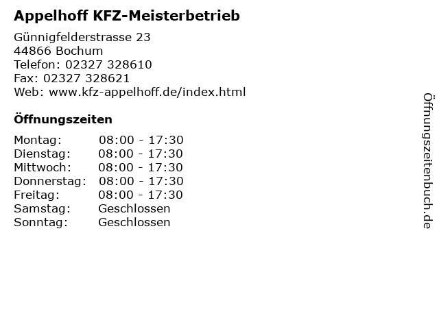 Appelhoff KFZ-Meisterbetrieb in Bochum: Adresse und Öffnungszeiten
