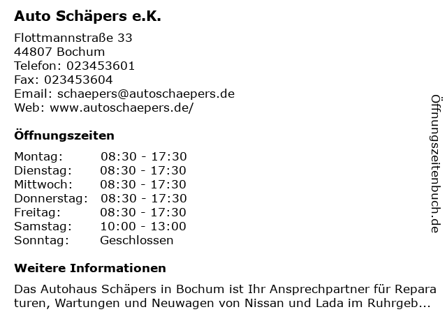Auto Schäpers e.K. in Bochum: Adresse und Öffnungszeiten