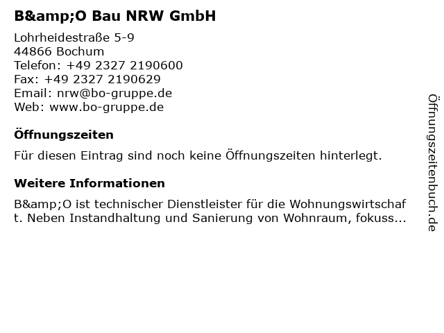 B&O Bau NRW GmbH in Bochum: Adresse und Öffnungszeiten