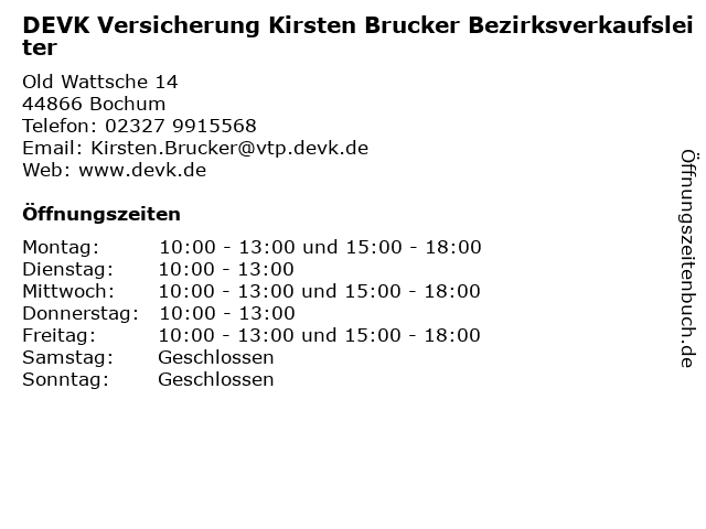 DEVK Versicherung Kirsten Brucker Bezirksverkaufsleiter in Bochum: Adresse und Öffnungszeiten