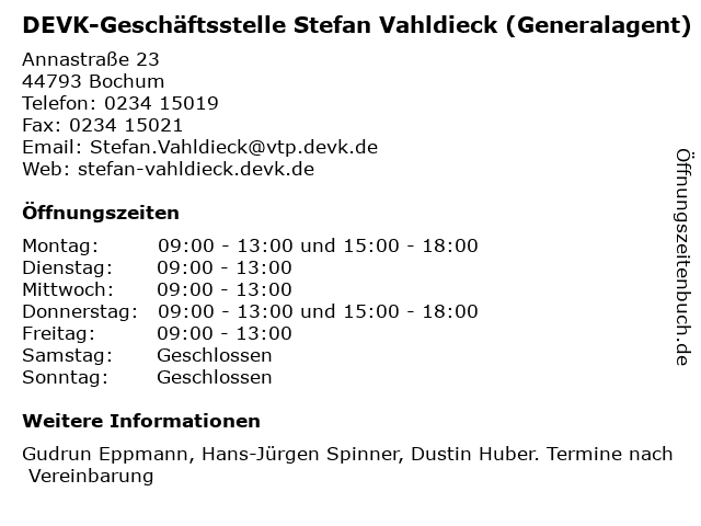 DEVK-Geschäftsstelle Stefan Vahldieck (Generalagent) in Bochum: Adresse und Öffnungszeiten