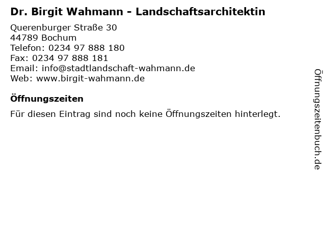 Dr. Birgit Wahmann - Landschaftsarchitektin in Bochum: Adresse und Öffnungszeiten