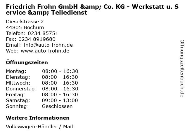 Friedrich Frohn GmbH & Co. KG - Werkstatt u. Service & Teiledienst in Bochum: Adresse und Öffnungszeiten