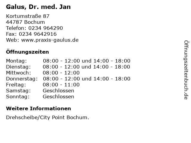 Galus, Dr. med. Jan in Bochum: Adresse und Öffnungszeiten