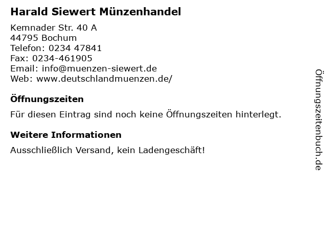 Harald Siewert Münzenhandel in Bochum: Adresse und Öffnungszeiten