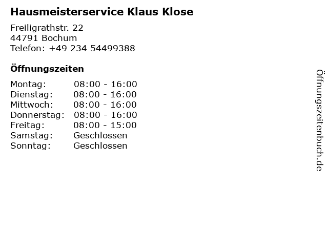 Hausmeisterservice Klaus Klose in Bochum: Adresse und Öffnungszeiten