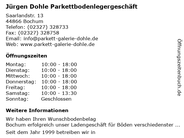 Jürgen Dohle Parkettbodenlegergeschäft in Bochum: Adresse und Öffnungszeiten