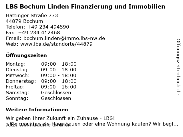 LBS Bochum-Linden Finanzieren + Immobilien in Bochum: Adresse und Öffnungszeiten