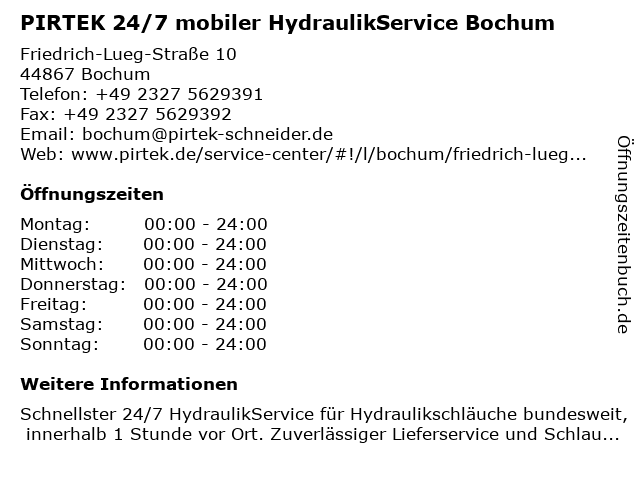 PIRTEK 24/7 mobiler HydraulikService Bochum in Bochum: Adresse und Öffnungszeiten