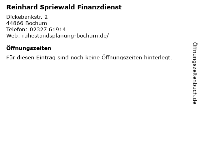 Reinhard Spriewald Finanzdienst in Bochum: Adresse und Öffnungszeiten