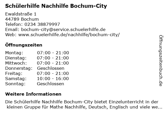 Schülerhilfe Nachhilfe Bochum-City in Bochum: Adresse und Öffnungszeiten
