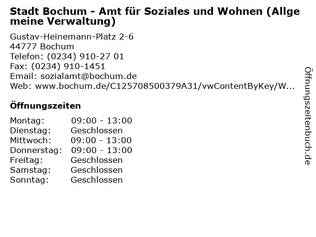 Stadt Bochum - Amt für Soziales und Wohnen (Allgemeine Verwaltung) in Bochum: Adresse und Öffnungszeiten
