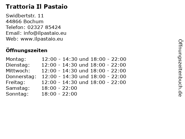 Trattoria Il Pastaio in Bochum: Adresse und Öffnungszeiten