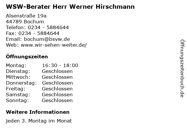 WSW-Berater Herr Werner Hirschmann in Bochum: Adresse und Öffnungszeiten