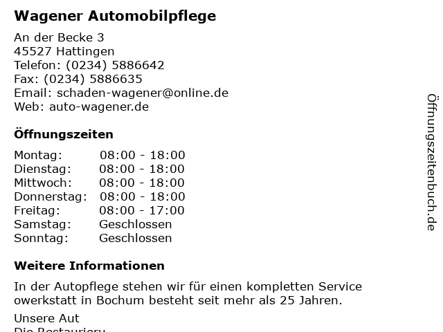ᐅ Offnungszeiten Wagener Automobilpflege Kolkmannskamp 15 In