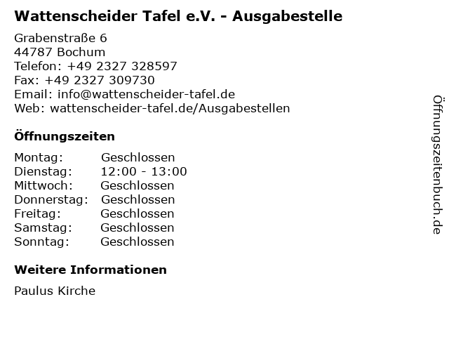 Wattenscheider Tafel e.V. - Ausgabestelle in Bochum: Adresse und Öffnungszeiten