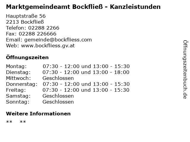 Marktgemeindeamt Bockfließ - Kanzleistunden in Bockfließ: Adresse und Öffnungszeiten