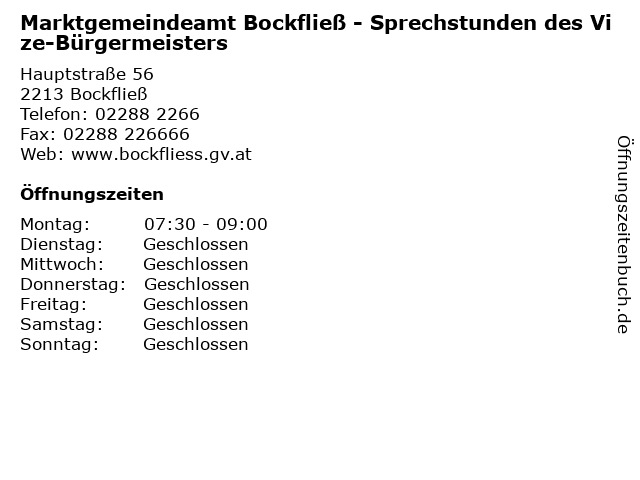 Marktgemeindeamt Bockfließ - Sprechstunden des Vize-Bürgermeisters in Bockfließ: Adresse und Öffnungszeiten