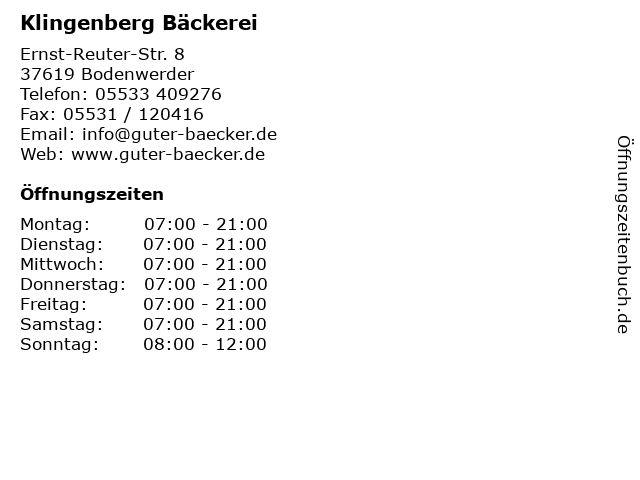 Klingenberg Bäckerei in Bodenwerder: Adresse und Öffnungszeiten
