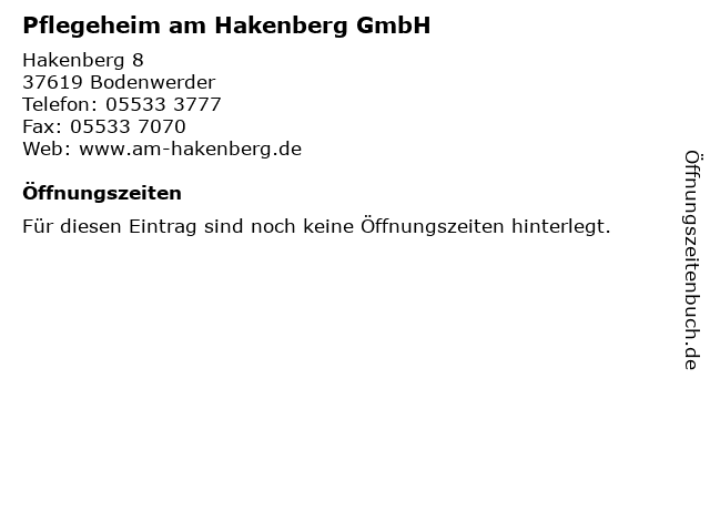 Pflegeheim am Hakenberg GmbH in Bodenwerder: Adresse und Öffnungszeiten