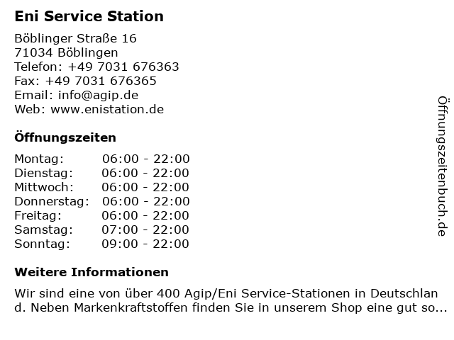 Eni Service Station in Böblingen: Adresse und Öffnungszeiten