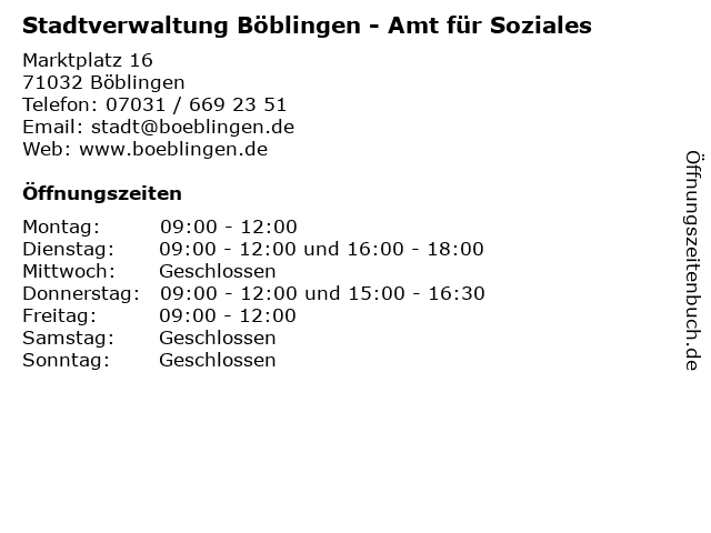 Stadtverwaltung Böblingen - Amt für Soziales in Böblingen: Adresse und Öffnungszeiten