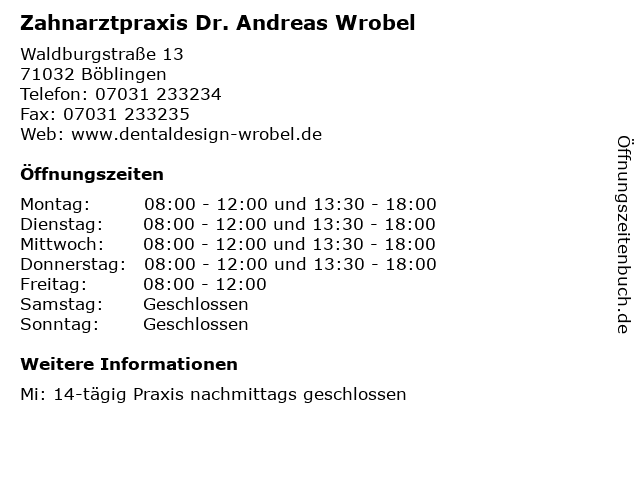 Zahnarztpraxis Dr. Andreas Wrobel in Böblingen: Adresse und Öffnungszeiten