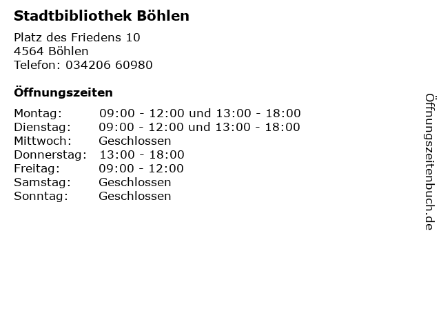 Stadtbibliothek Böhlen in Böhlen: Adresse und Öffnungszeiten