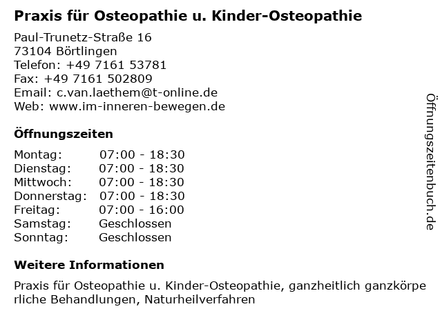 Praxis für Osteopathie u. Kinder-Osteopathie in Börtlingen: Adresse und Öffnungszeiten