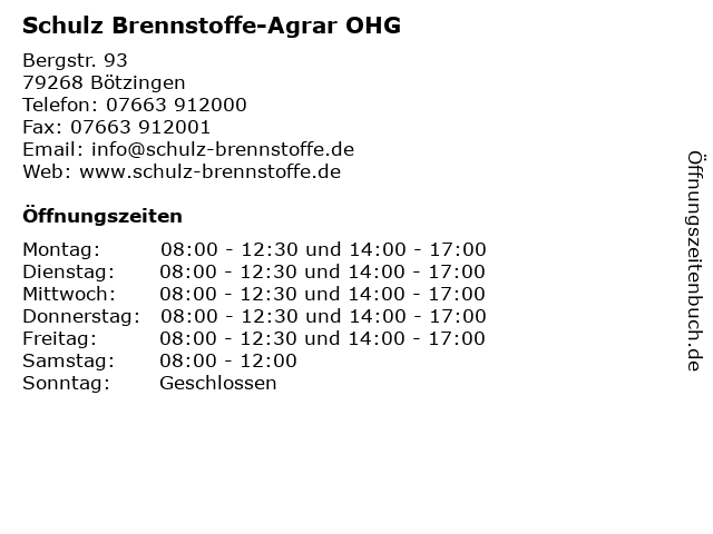 Schulz Brennstoffe-Agrar OHG in Bötzingen: Adresse und Öffnungszeiten