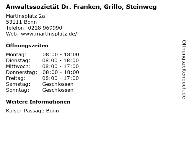 Anwaltssozietät Dr. Franken, Grillo, Steinweg in Bonn: Adresse und Öffnungszeiten
