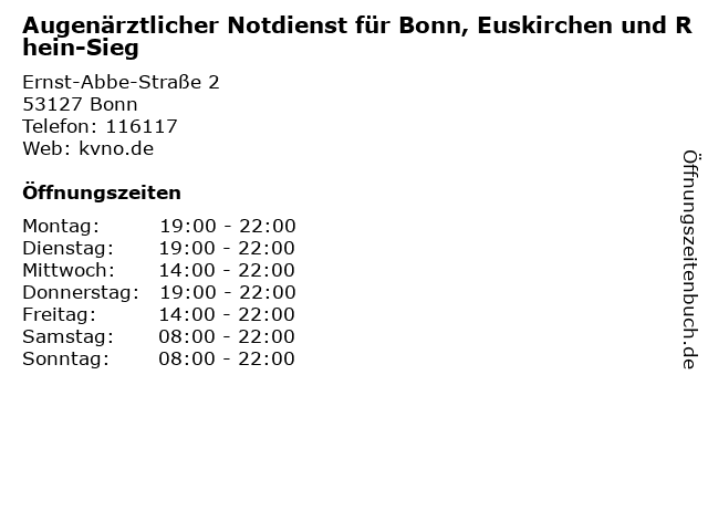Augenärztlicher Notdienst für Bonn, Euskirchen und Rhein-Sieg in Bonn: Adresse und Öffnungszeiten
