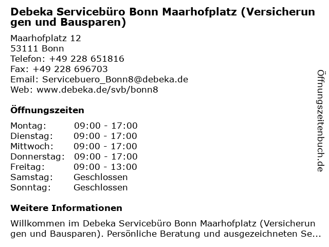 ᐅ Offnungszeiten Debeka Serviceburo Bonn Maxstr 2 B In Bonn
