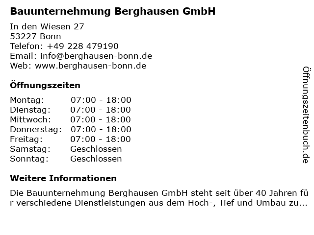 Dirk Berghausen Bauunternehmung in Bonn: Adresse und Öffnungszeiten