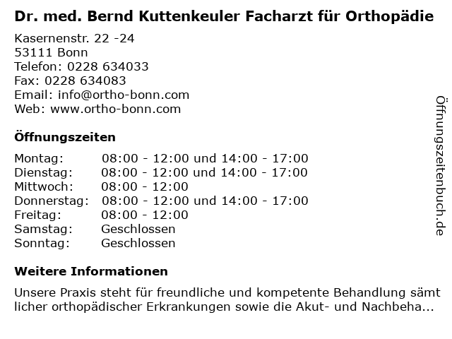 Dr. med. Bernd Kuttenkeuler Facharzt für Orthopädie in Bonn: Adresse und Öffnungszeiten
