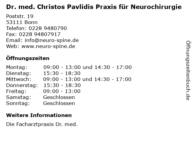 Dr. med. Christos Pavlidis Praxis für Neurochirurgie in Bonn: Adresse und Öffnungszeiten