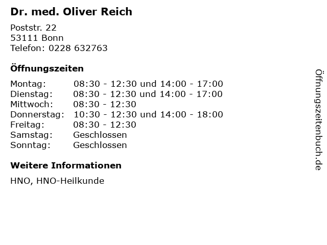 Dr. med. Oliver Reich in Bonn: Adresse und Öffnungszeiten