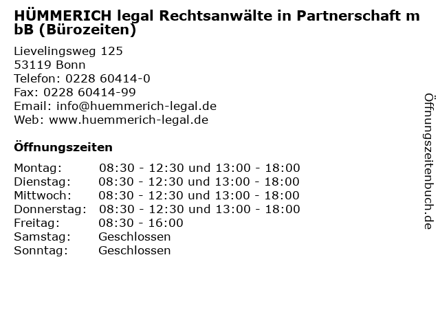 HÜMMERICH legal Rechtsanwälte in Partnerschaft mbB (Bürozeiten) in Bonn: Adresse und Öffnungszeiten