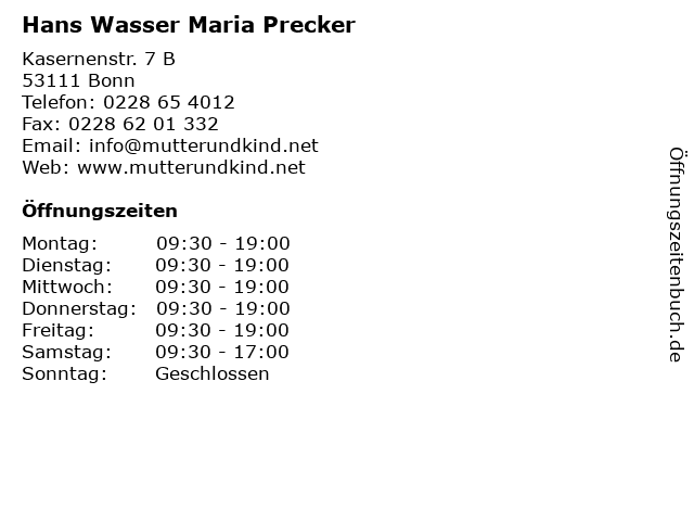 Hans Wasser Maria Precker in Bonn: Adresse und Öffnungszeiten