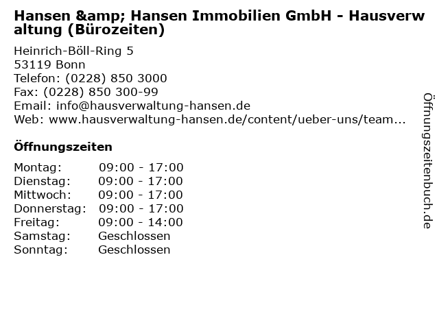Hansen & Hansen Immobilien GmbH - Hausverwaltung (Bürozeiten) in Bonn: Adresse und Öffnungszeiten