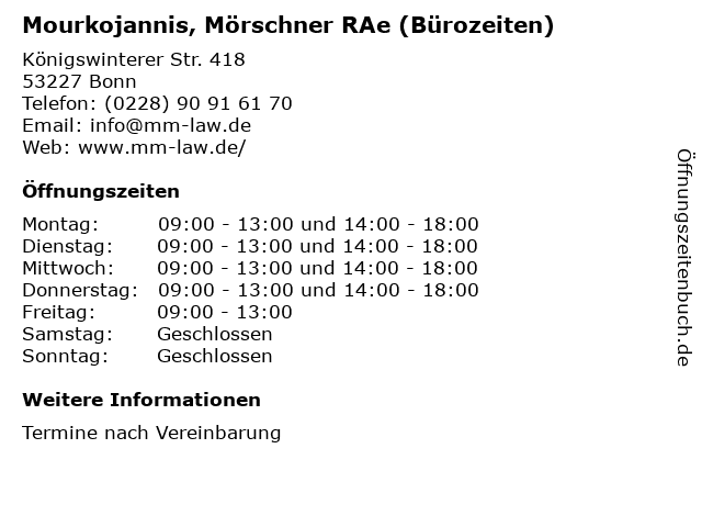 Mourkojannis, Mörschner RAe (Bürozeiten) in Bonn: Adresse und Öffnungszeiten