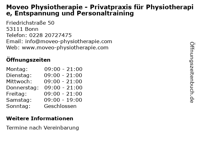 Moveo Physiotherapie - Privatpraxis für Physiotherapie, Entspannung und Personaltraining in Bonn: Adresse und Öffnungszeiten