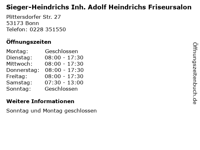 Sieger-Heindrichs Inh. Adolf Heindrichs Friseursalon in Bonn: Adresse und Öffnungszeiten