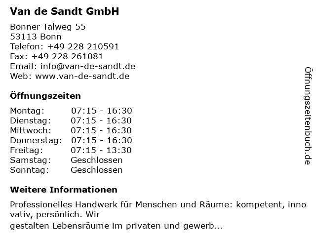 Van de Sandt GmbH in Bonn: Adresse und Öffnungszeiten