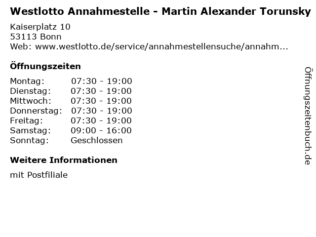 Westlotto Annahmestelle - Martin Alexander Torunsky in Bonn: Adresse und Öffnungszeiten