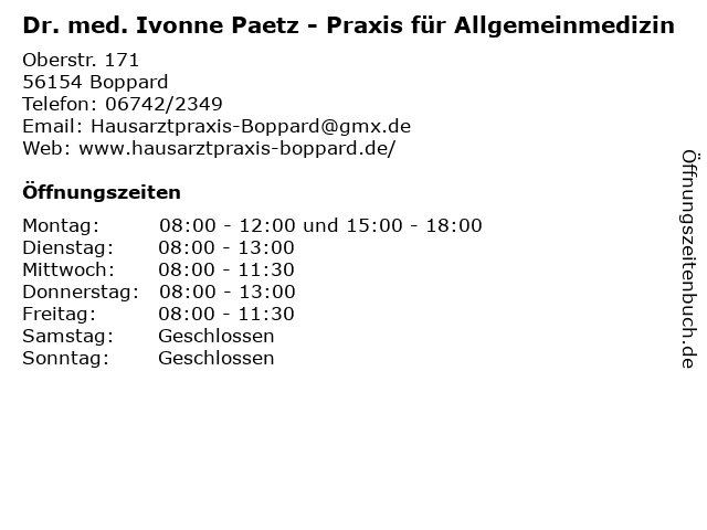Dr. med. Ivonne Paetz - Praxis für Allgemeinmedizin in Boppard: Adresse und Öffnungszeiten