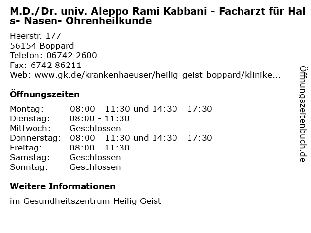 M.D./Dr. univ. Aleppo Rami Kabbani - Facharzt für Hals- Nasen- Ohrenheilkunde in Boppard: Adresse und Öffnungszeiten
