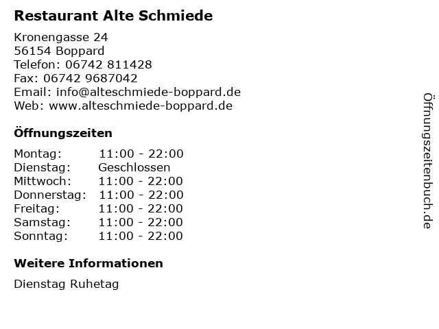 Restaurant Alte Schmiede in Boppard: Adresse und Öffnungszeiten